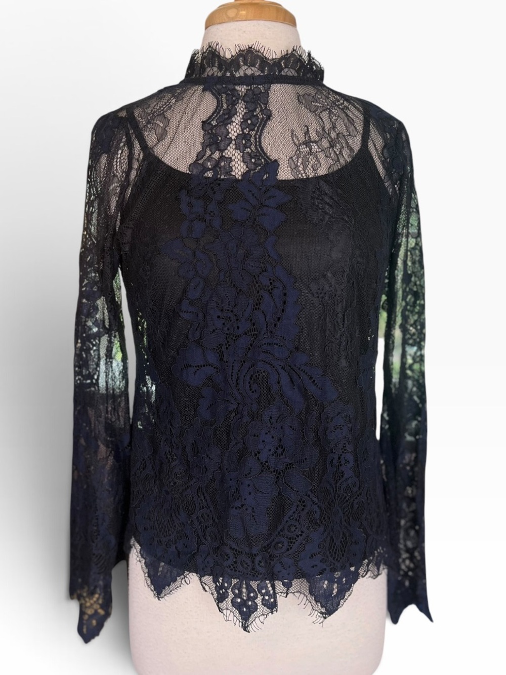 Whimsigoth Lace Long Sleeve Top Size Medium Black Navy Sheer Dark Romantic Adiva